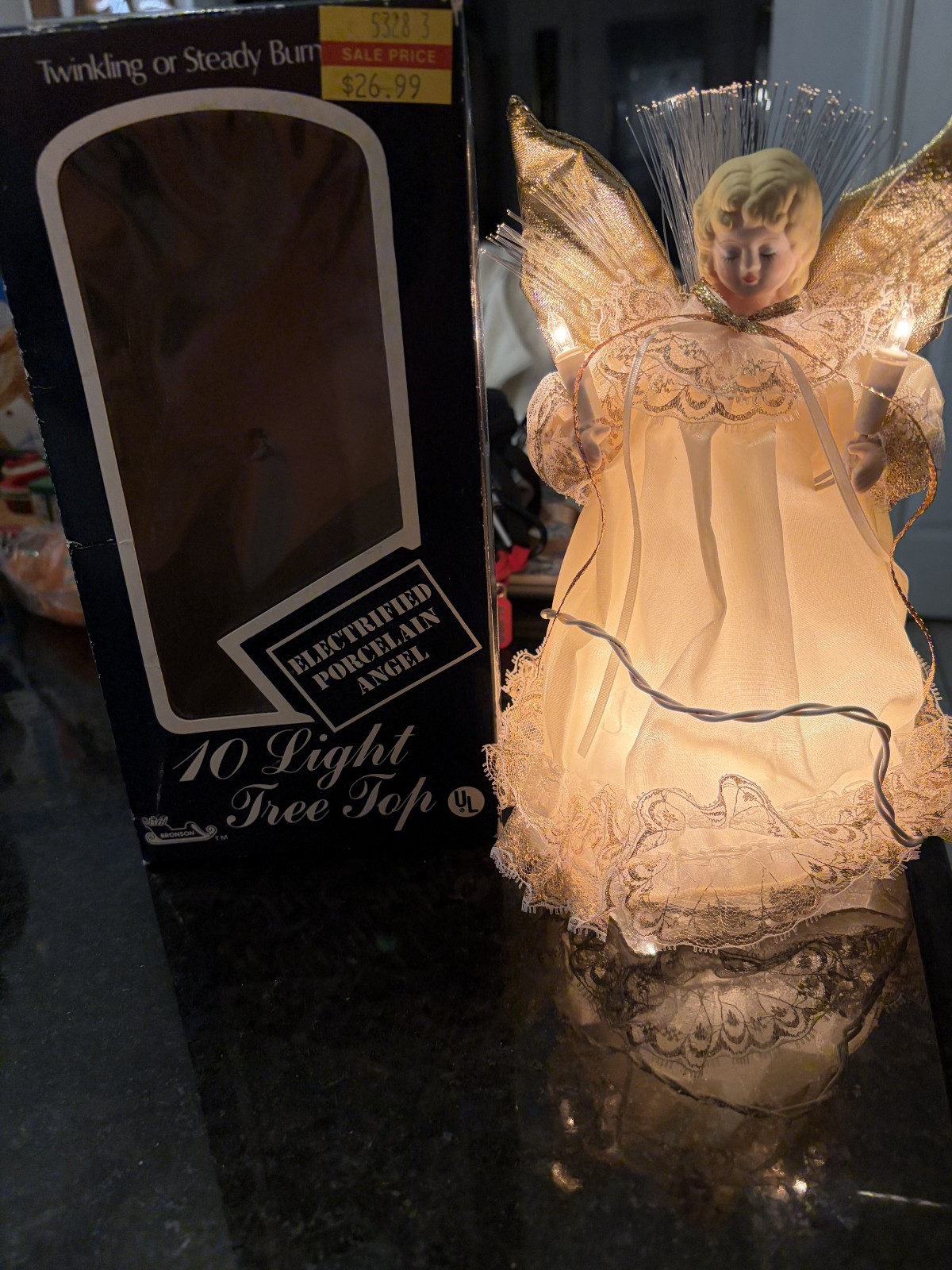 Vintage Bronson B5328 Porcelain 10 Light Angel Christmas Tree Topper w Box Works