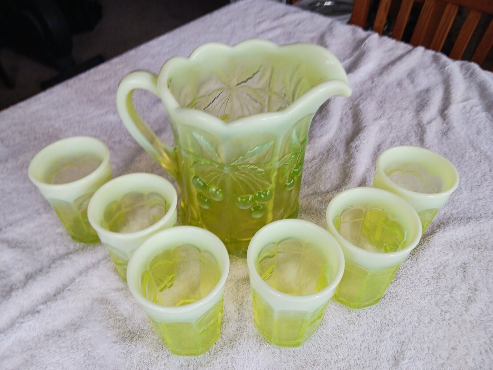  Vaseline Opalescent Glass Water Pitcher & 6 Glasses Cherry  Cable Mosser