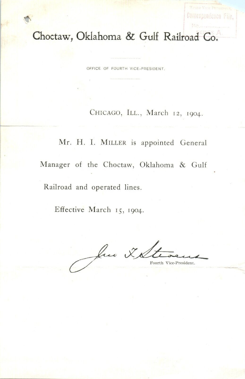 1904 Choctaw, Oklahoma & Gulf Railroad Circular Announcing New General Manager