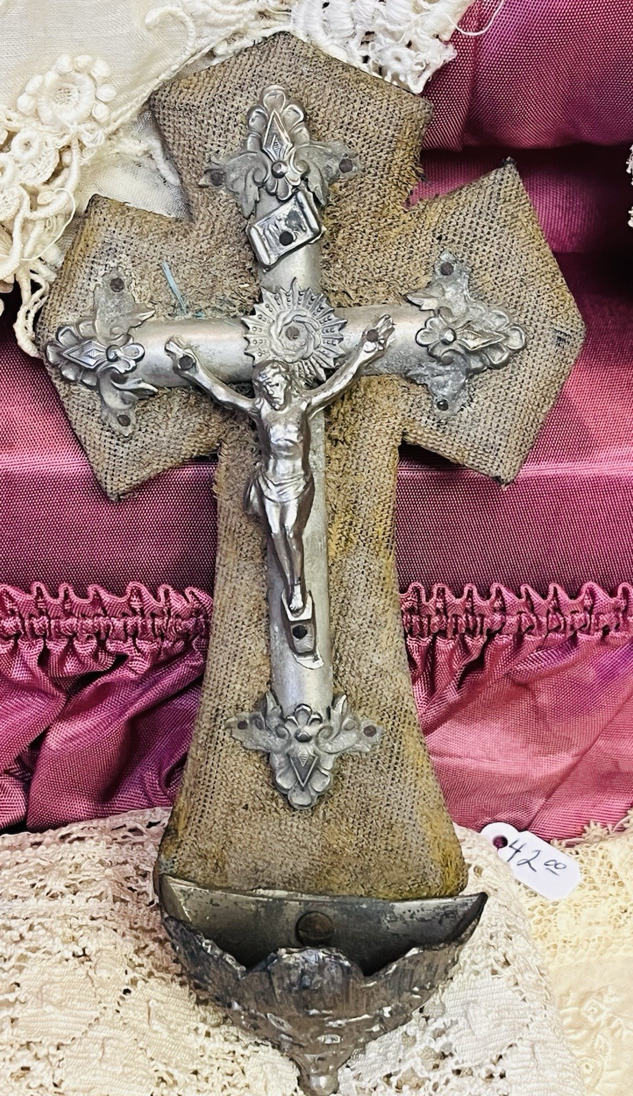 FRENCH ANTIQUE 1800s HOLY WATER FONT WALL CRUCIFIX