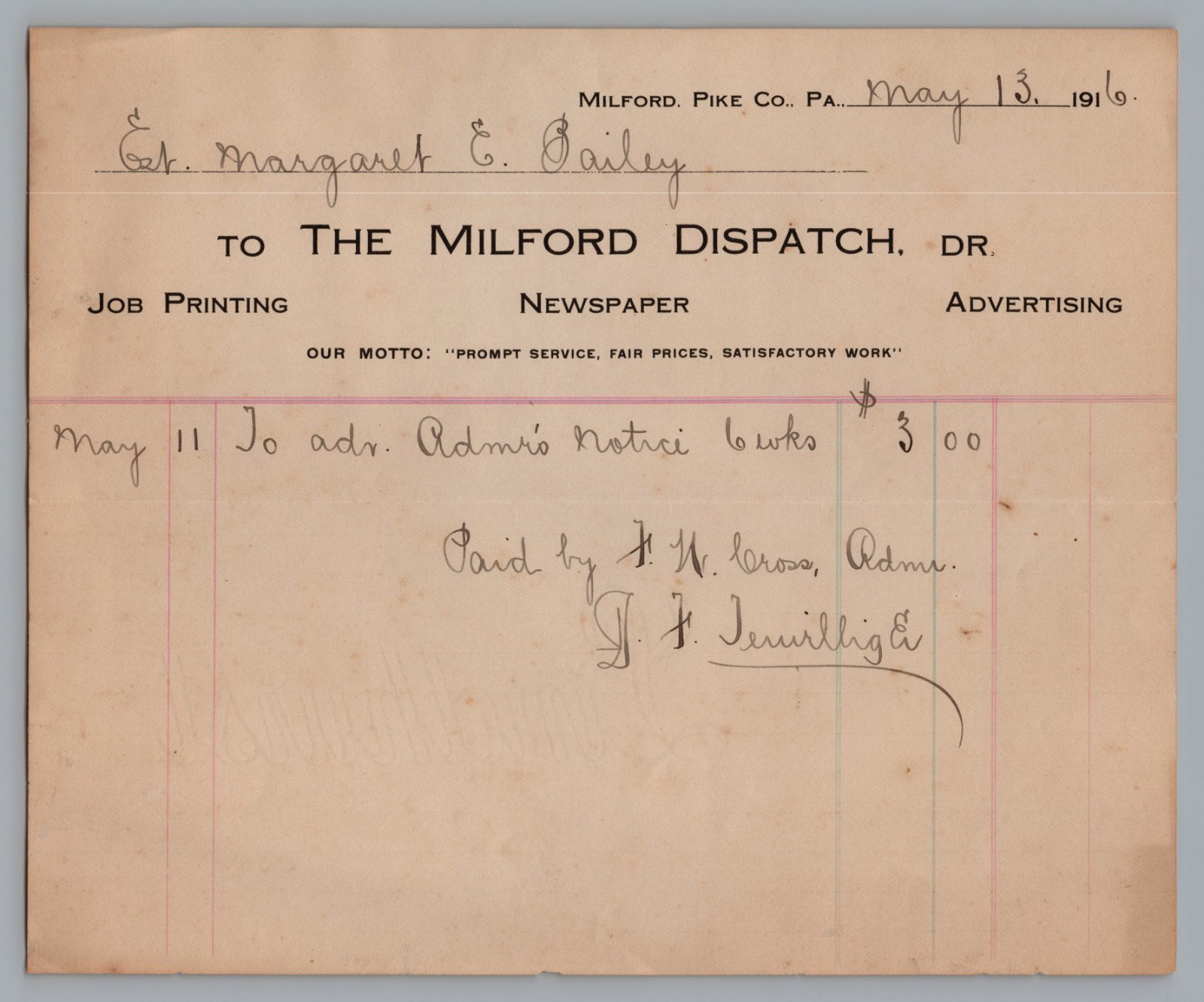 1916 Billhead The Milford Dispatch Newspaper, Advertsing Bill, Pike Co., PA 1916 Billhead The Milford Dispatch Newspaper, Advertsing Bill, Pike Co., PA