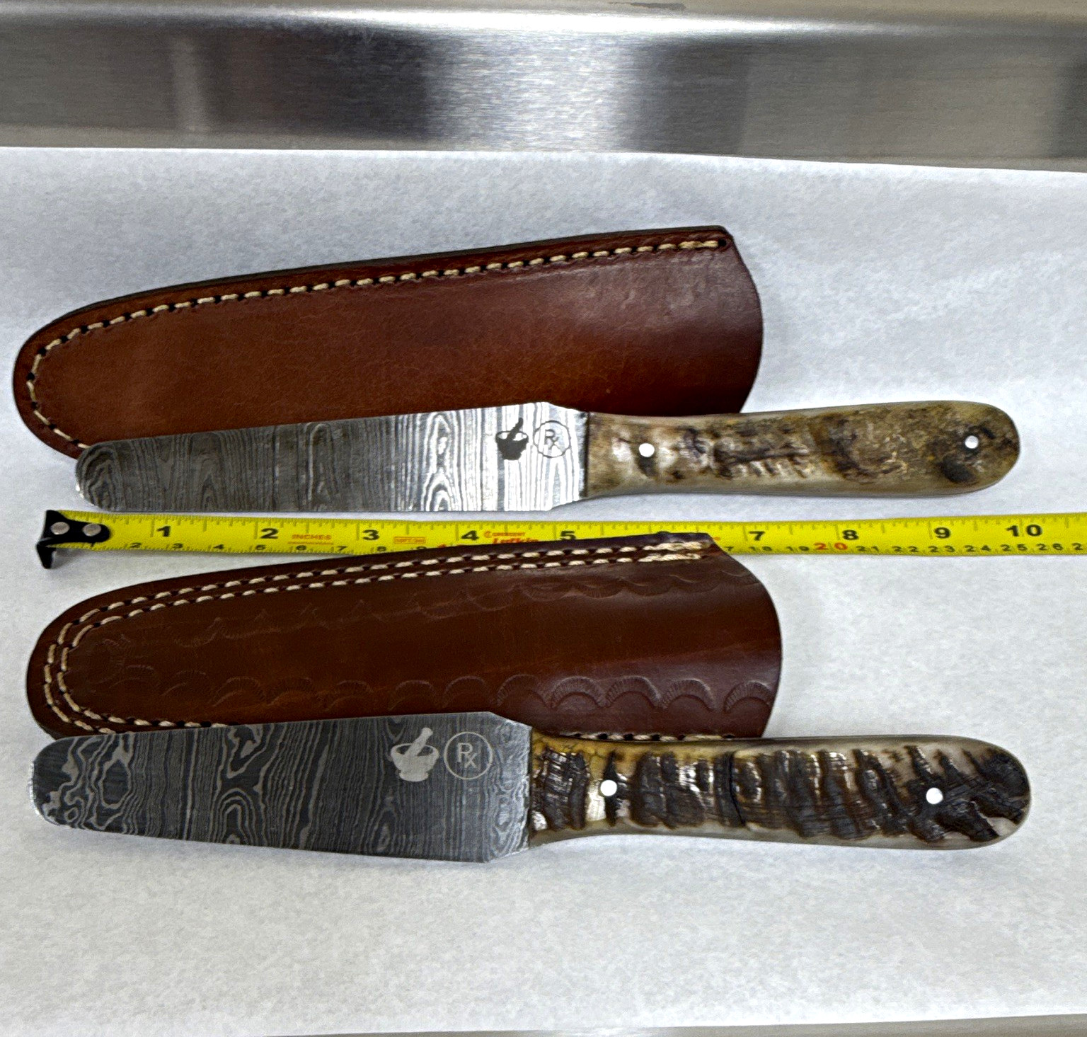 Pharmacy Rx Spatula. 1095 5N20 Damascus Steel. Dull Blade. Ram Horn handle.