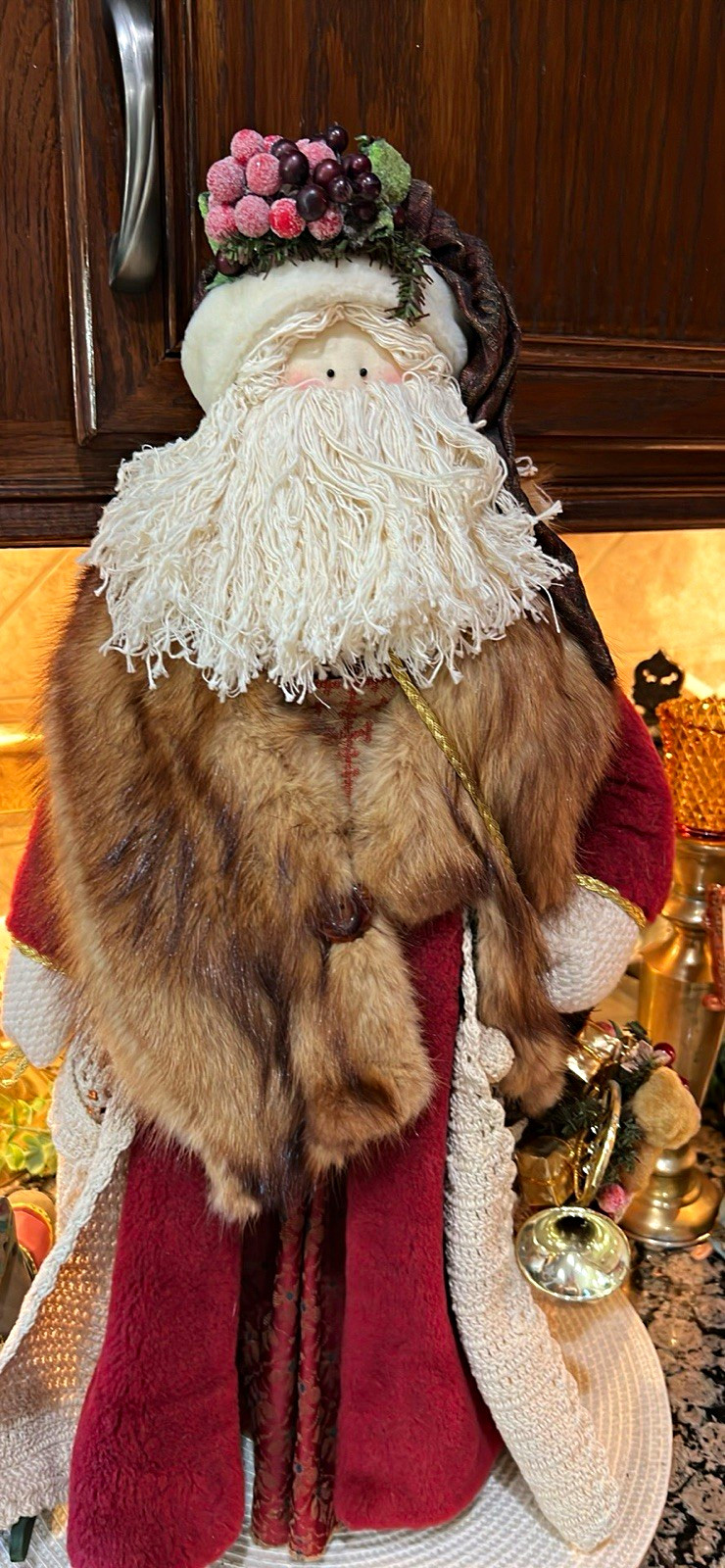 Vtge Primitive Folk Art Santa Figurine Crochet Duster Real Mink Fur Rare to Find