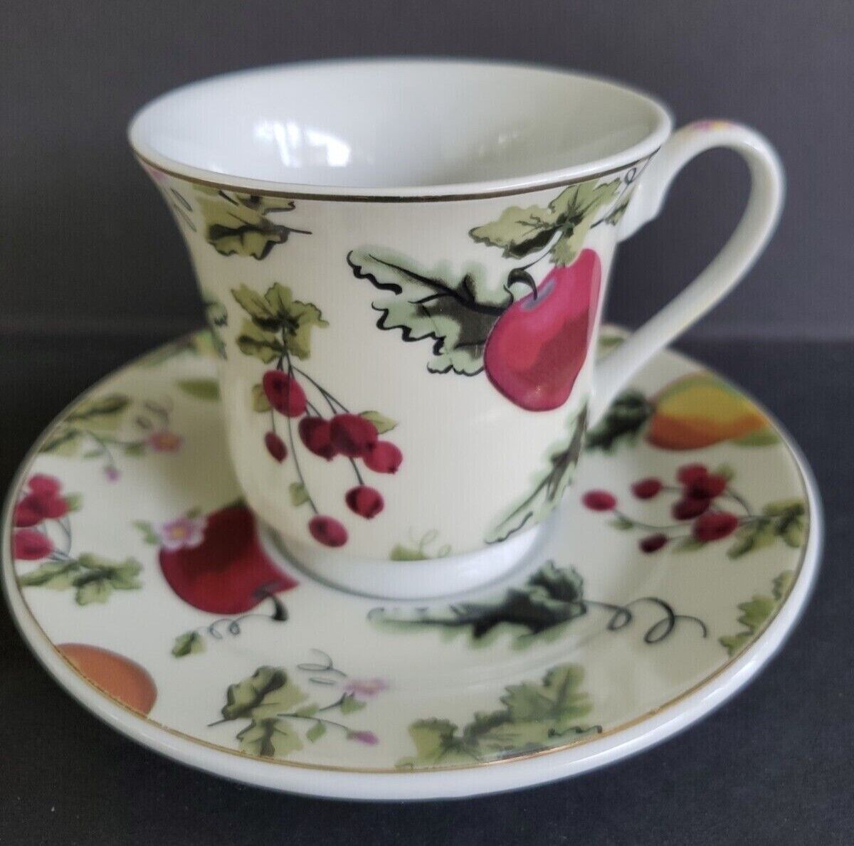 DARICE Tea Cup Fruit Apples and Cherries Teacup and Saucer Set - Floral