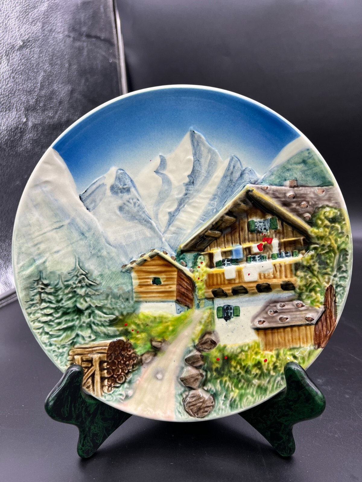 Germany Majolica Bas Relief Plate-House at Base of Mountains Germany Majolica Bas Relief Plate-House at Base of Mountains
