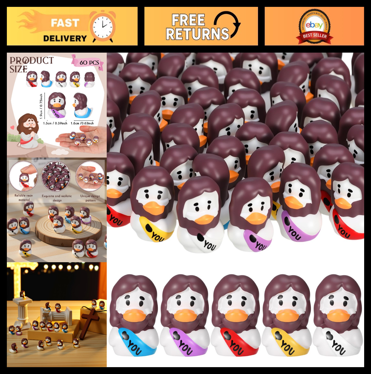 60 Pcs Mini Resin Ducks & Jesus Figurines - Cute Tiny Ducks for DIY Crafts, Cake