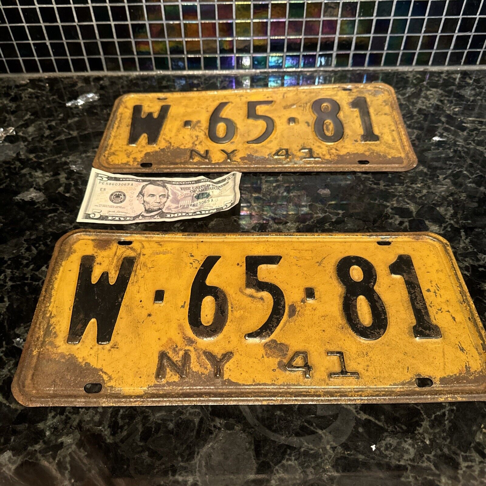 1941 New York License Plates Pair NY 41 W-65-81  Matched Set Good Condition