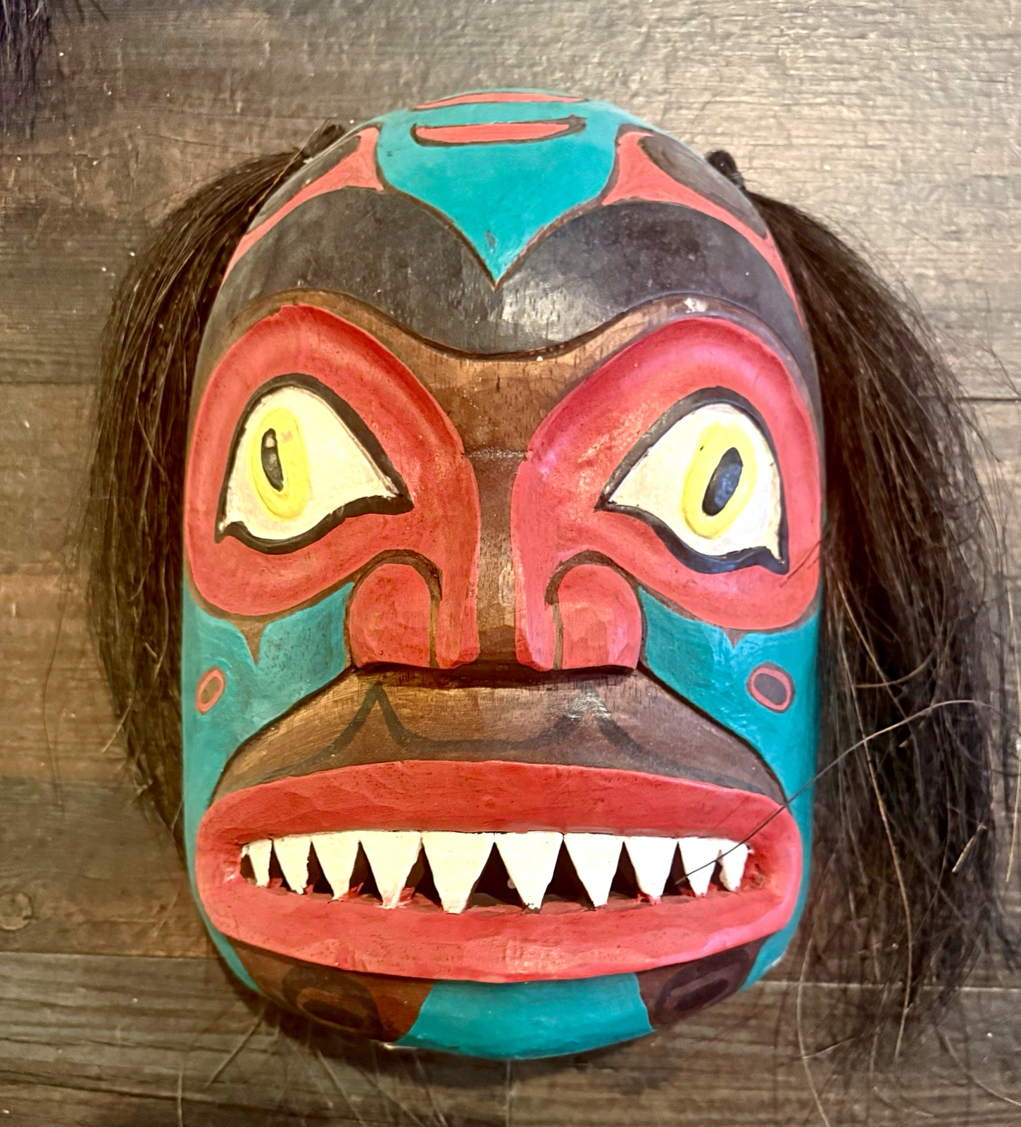 Hand Painted Carved wooden Mask w/ Hair & Teeth,  Pacific, Northwest inspired