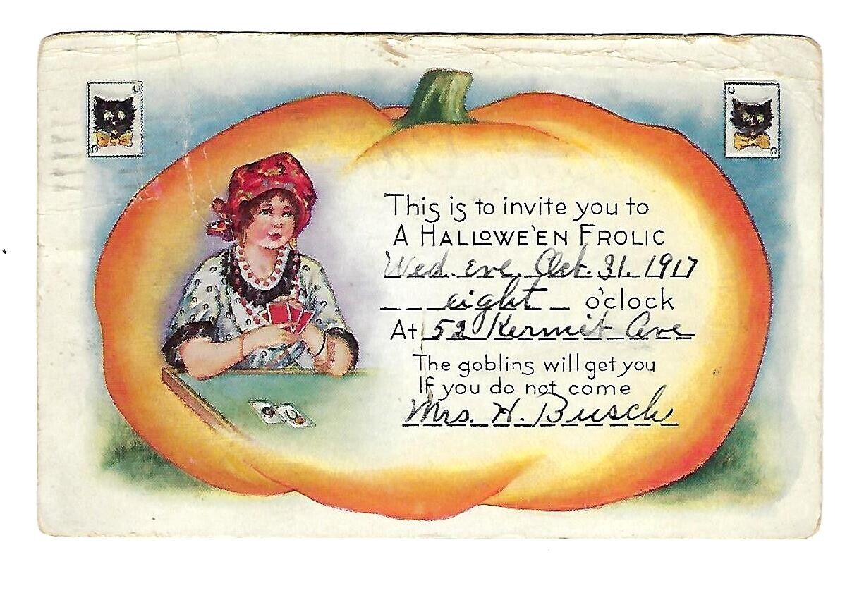 c1917 Whitney Halloween Postcard Furtune Teller. Black Cat, Pumpkin