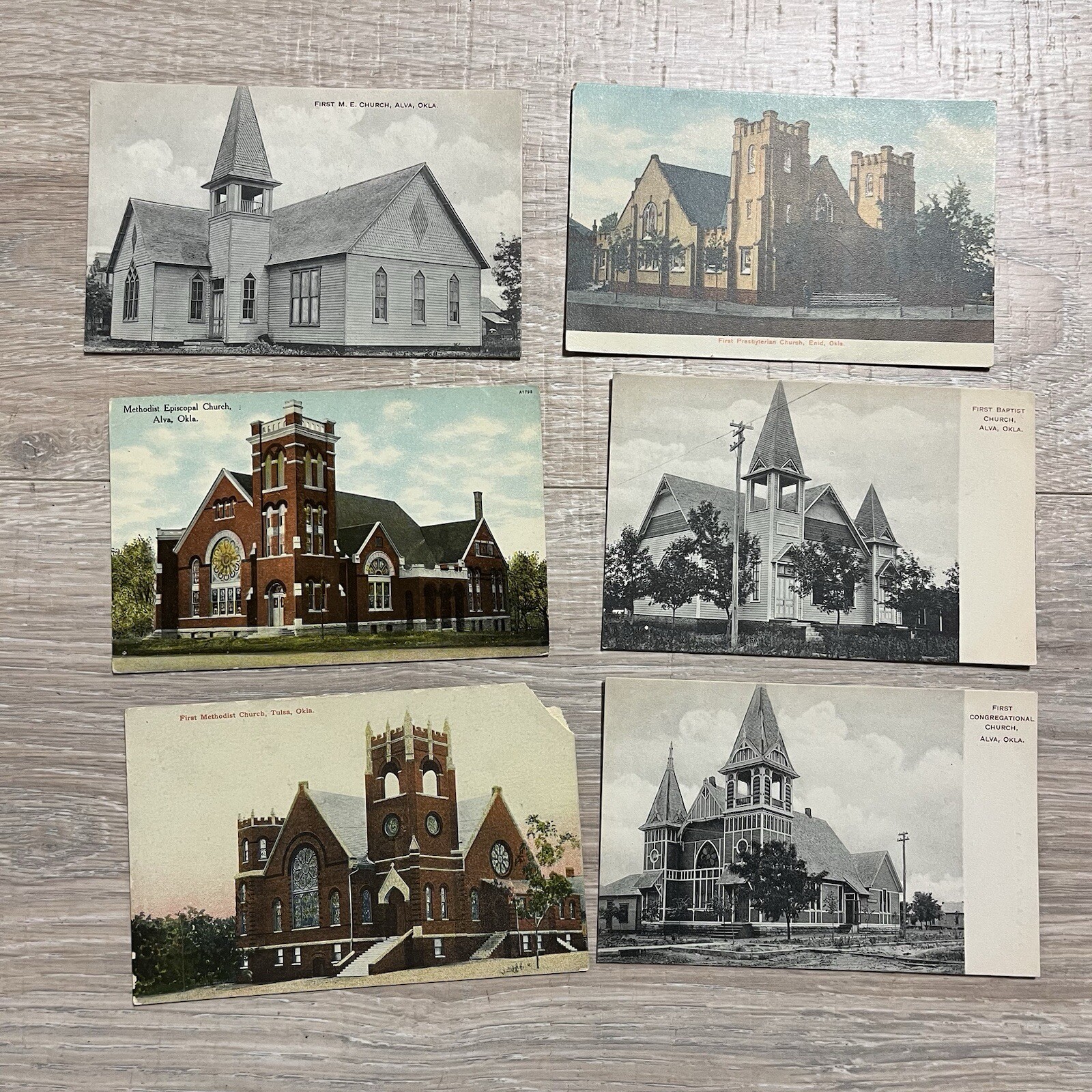Pre 1950's Unused Oklahoma Postcards Churches Alva, Tulsa, Enid 6pc Lot