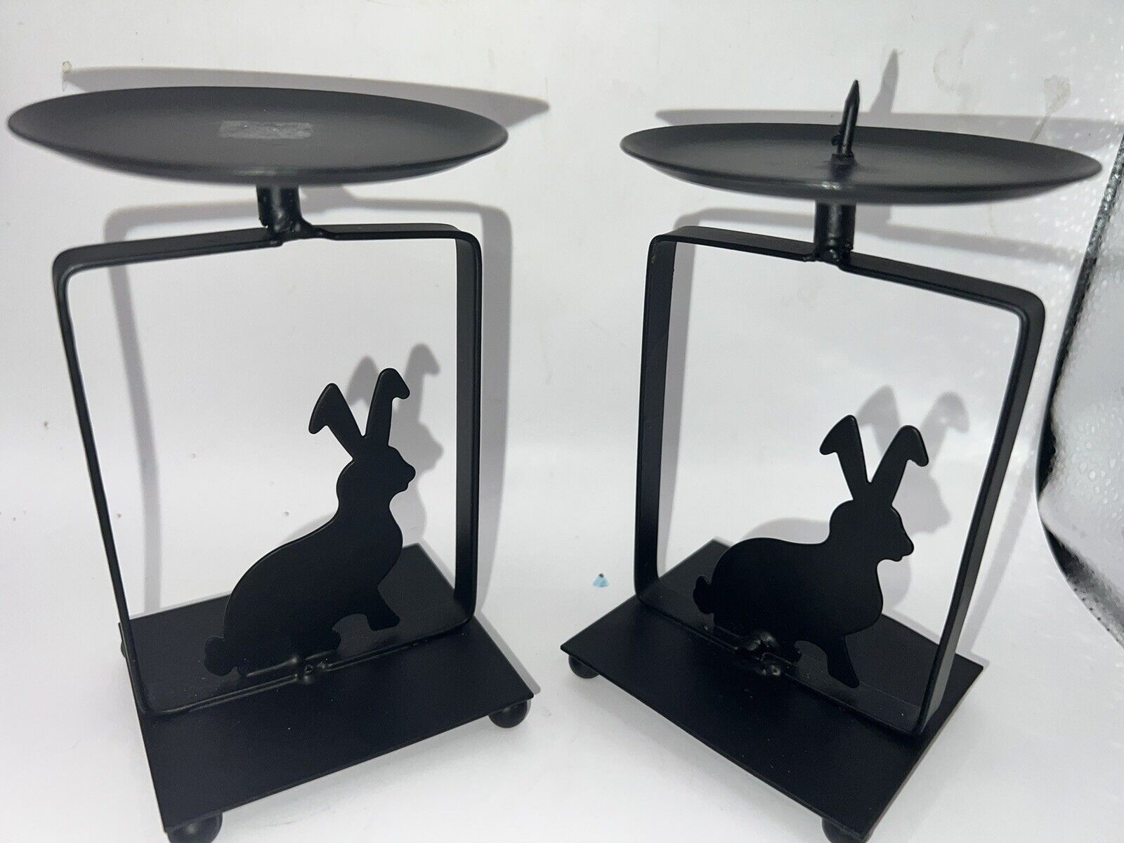 Lot Of 2 Metal Tin Candleholders Silhouette Black Rabbit Bunny Candlestick 5”