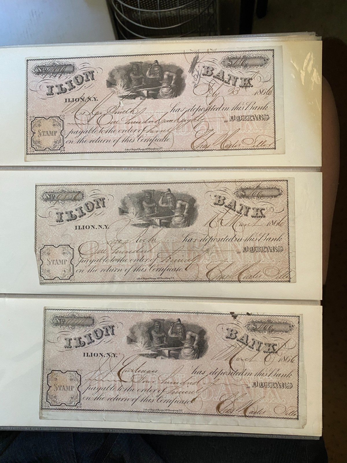 (3) vintage 1866 Ilion Bank deposit slips