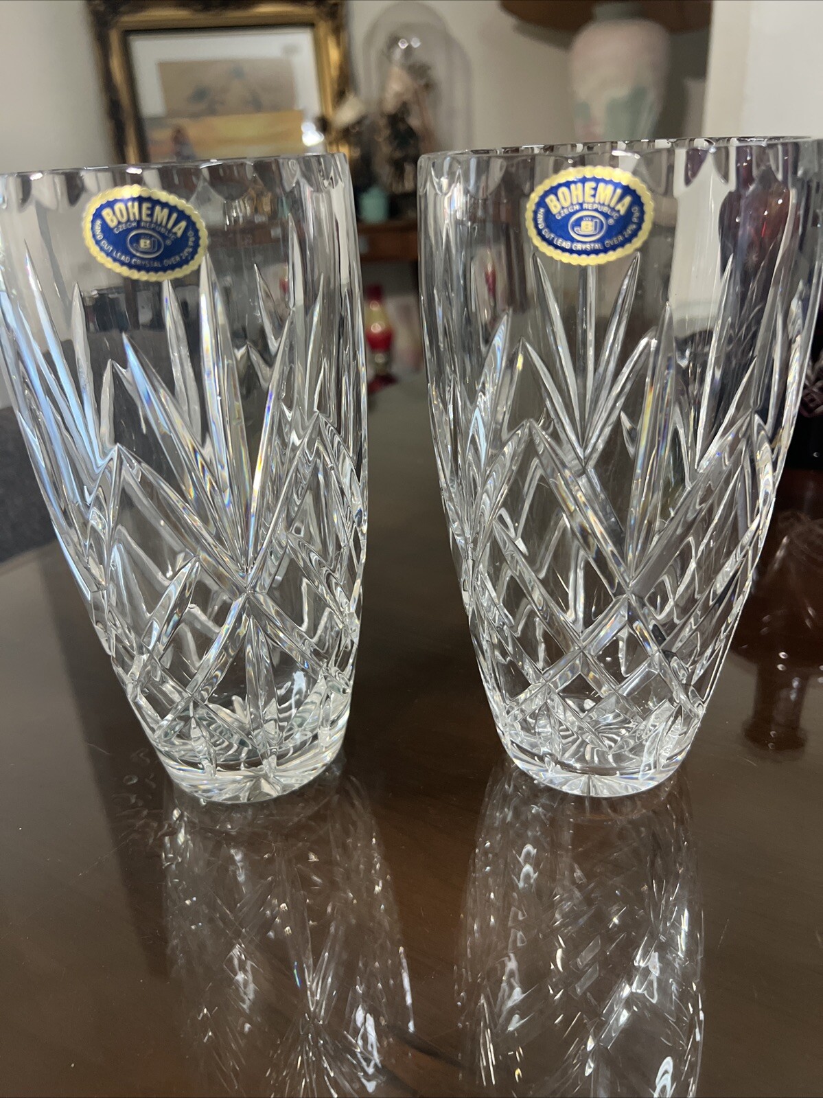 Bohemia Crystal 24% Lead Vase 8 1/4”Tall Scalloped Edge Czech Republic Set 2 Bohemia Crystal 24% Lead Vase 8 1/4”Tall Scalloped Edge Czech Republic Set 2
