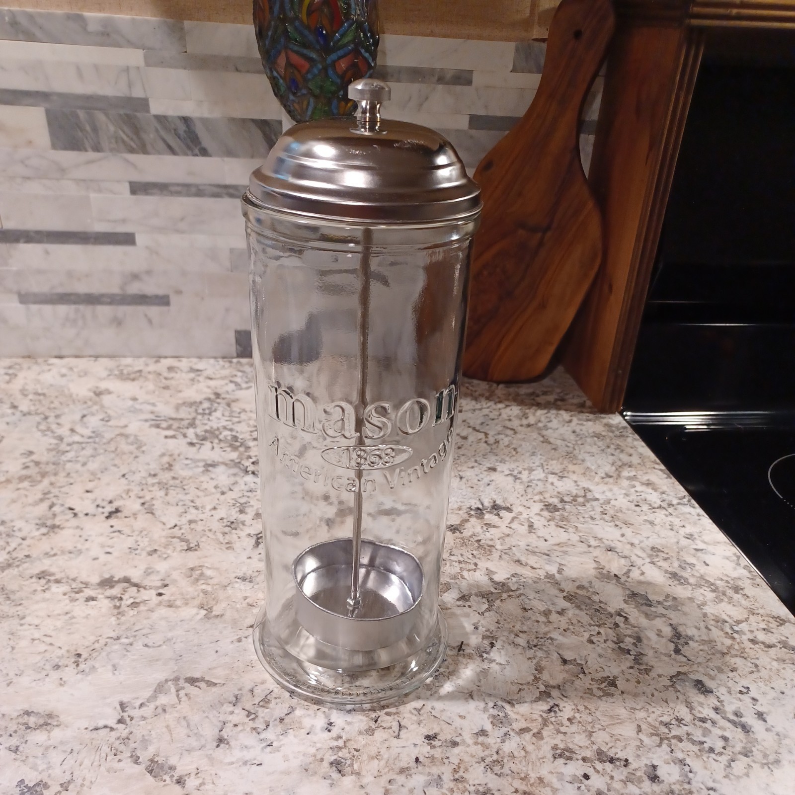 Vtg look Glass Straw Dispenser With Insert- says mason american vintage 1868 
