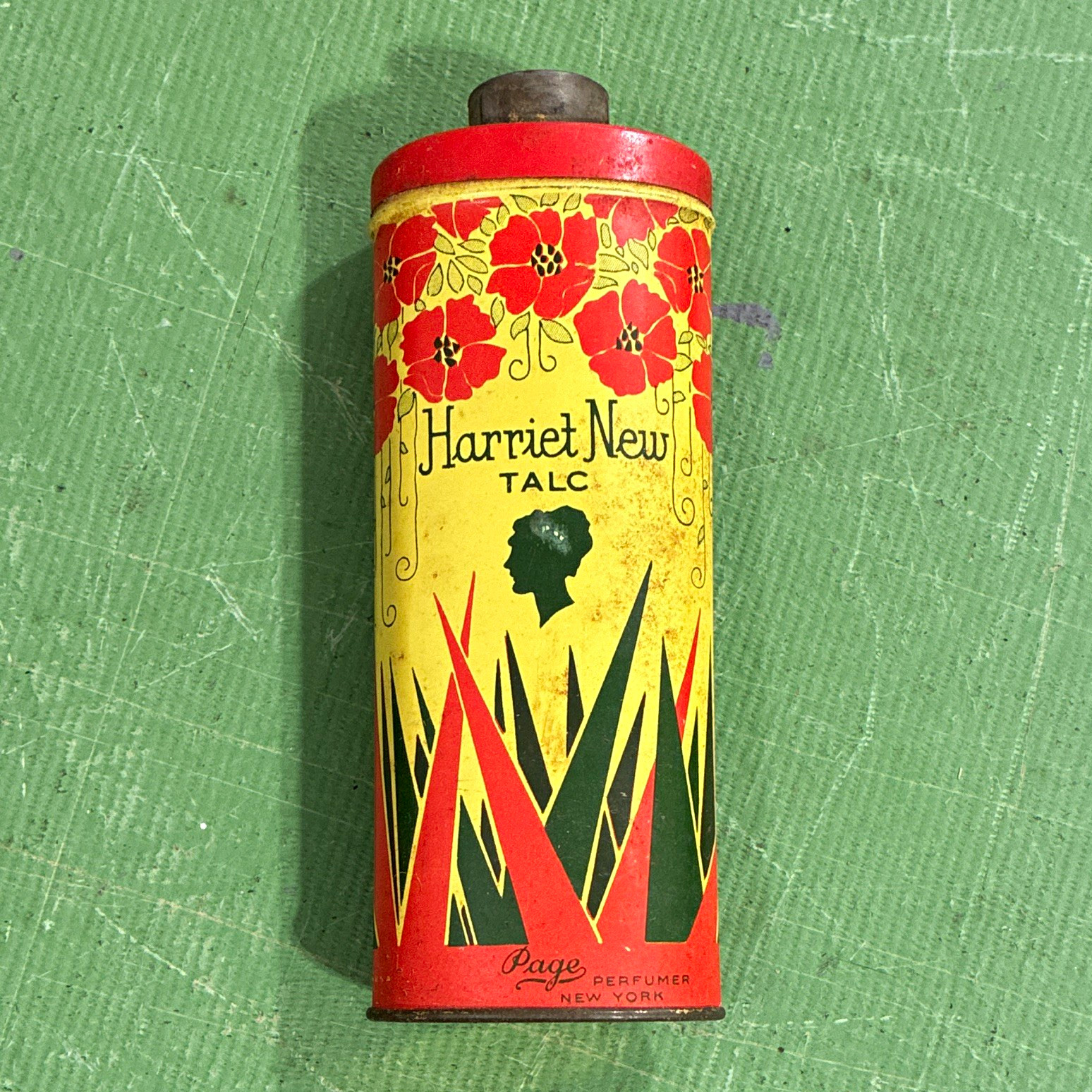 Vintage Harriet New Vintage Talc Tin Shaker Canister Page Perfumer NY Red/Yellow