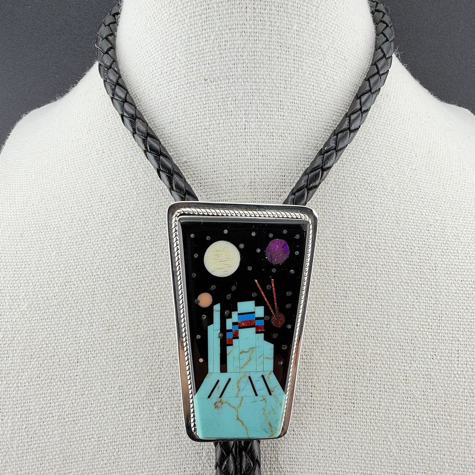 Navajo Sterling Silver Space Landscape Inlay Bolo Tie Native American Jewelry