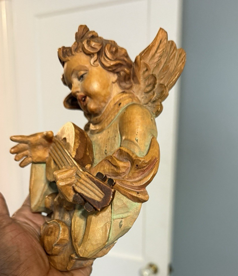 VINTAGE FONTANINI SIMONETTI CHERUB ANGEL CARVED WOOD READY TO HANG
