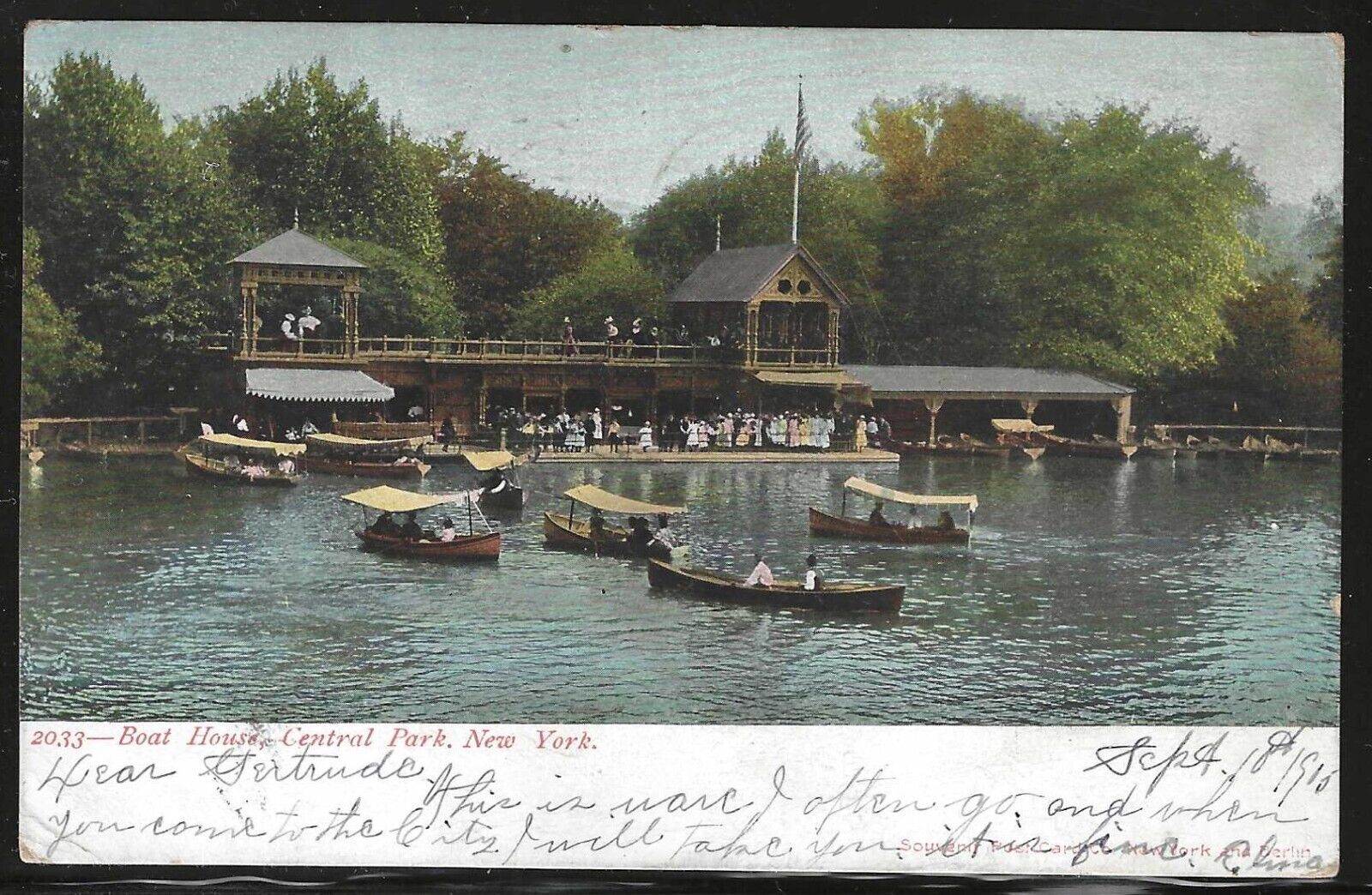 Boat House, Central Park, New York, Early Postcard, Used in 1905