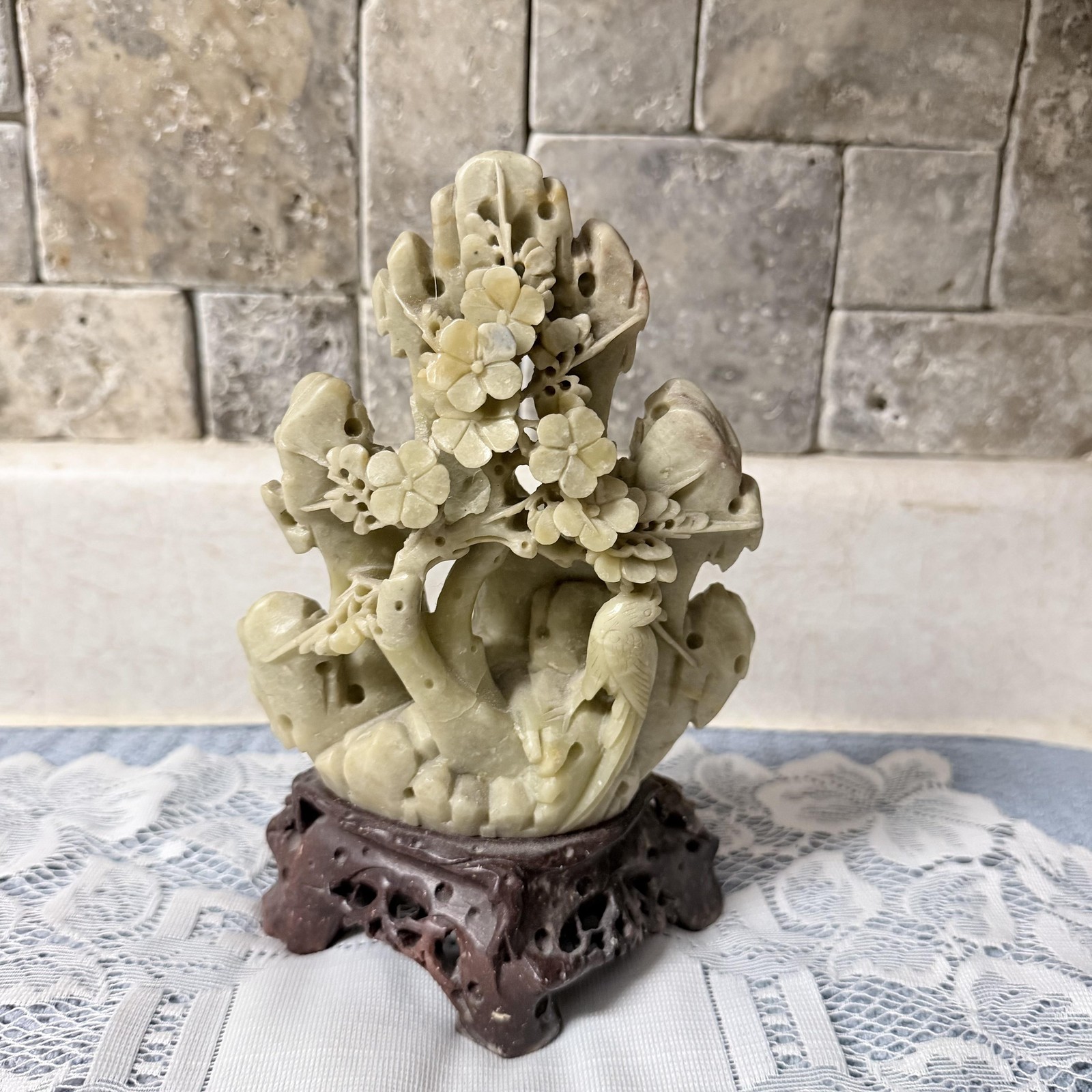 Vintage Carved SoapStone Bird Figurine Floral Tree Asian Decor Green China