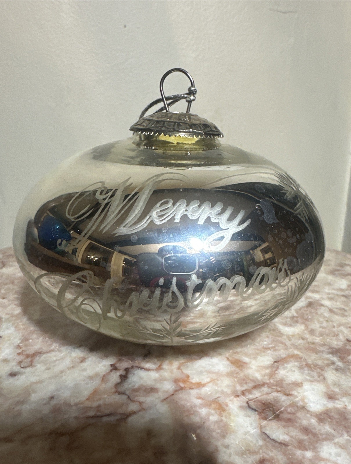 Vintage Kugel Midwest Christmas Ornament Silver Glass “Merry Christmas”