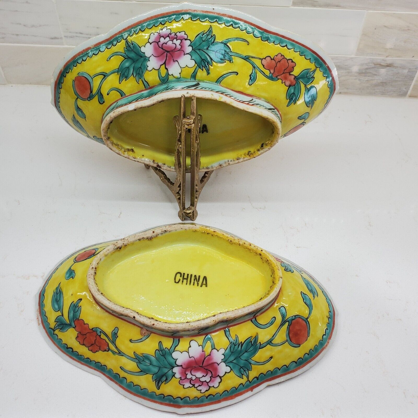 Chinese Famille Jaune Footed Oblong Bowls Enameled Set Vibrant Florals Pair Set