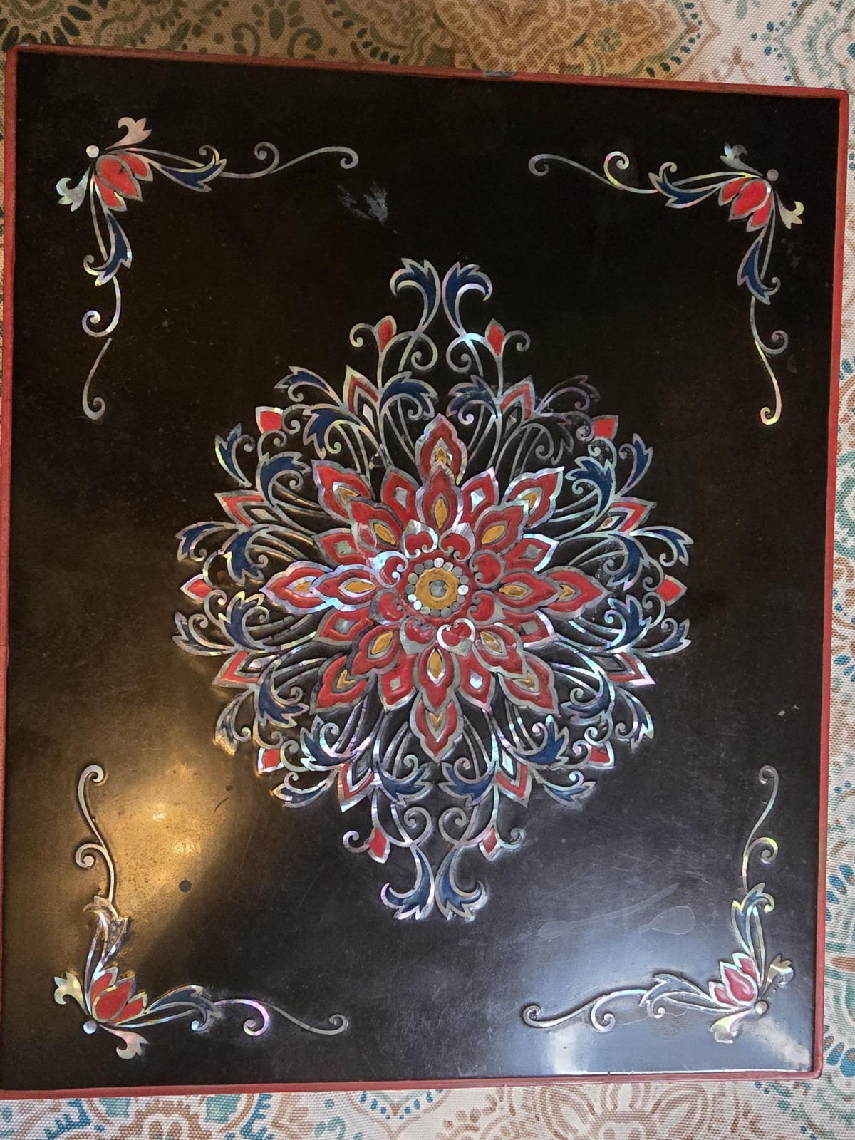 Vintage Korean Lacquer Document Box Hand Painted Floral Mandala Trinket Keepsake