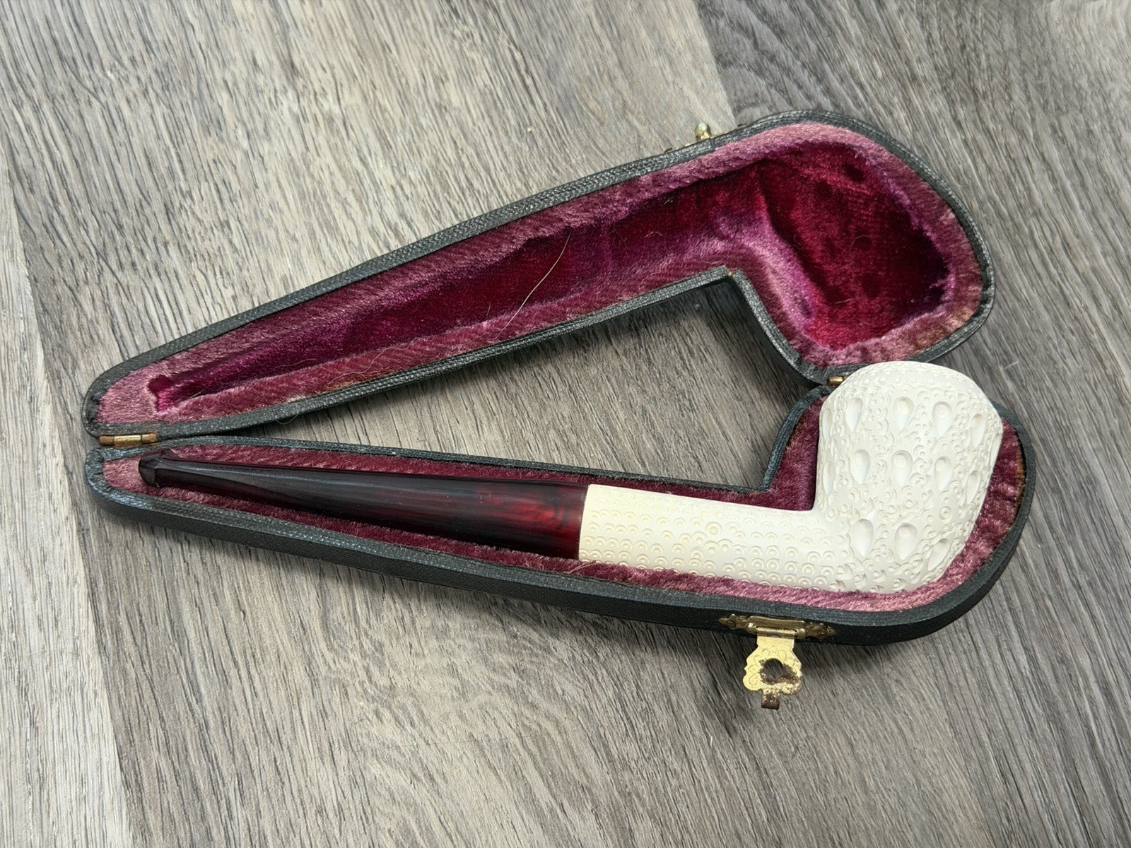 VINTAGE MEERSCHAUM LATTICE BLOCK PIPE NEW UNSMOKED ORIGINAL CASE