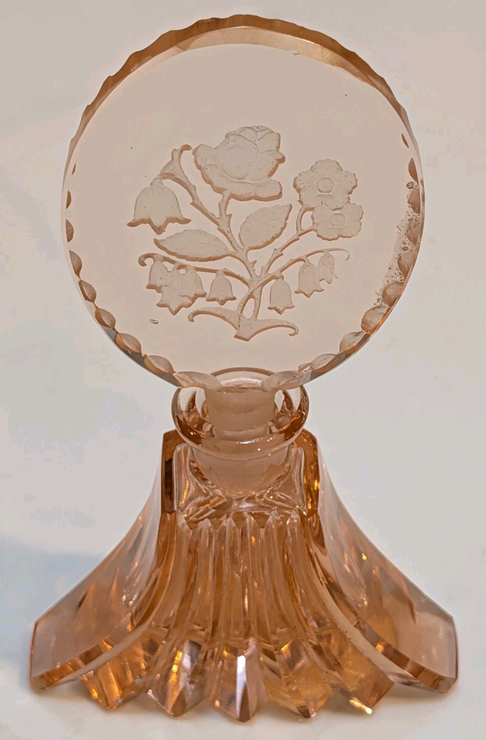 Vintage 1930s Irice Czech Pink Glass Perfume Bottle Intaglio Rose Stopper Label