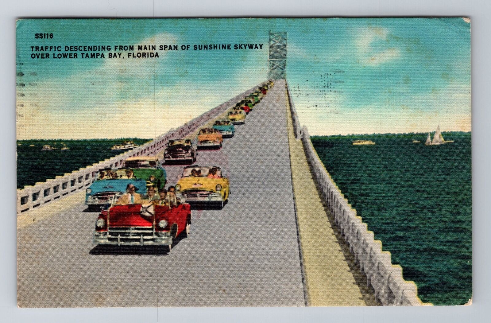 Tampa Bay FL-Florida, Traffic Down From Sunshine Skyway, Vintage c1955 Postcard