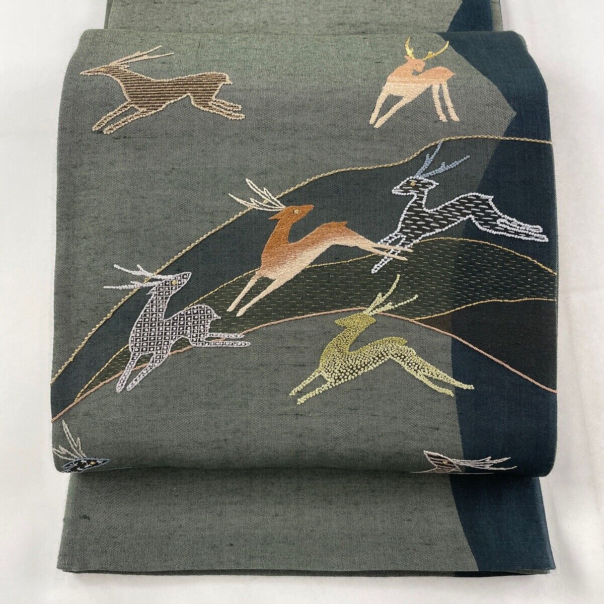 Obi Kimono  Fukuro Obi Masterpiece Deer Embroidery Gold Thread Gray Green Drum P