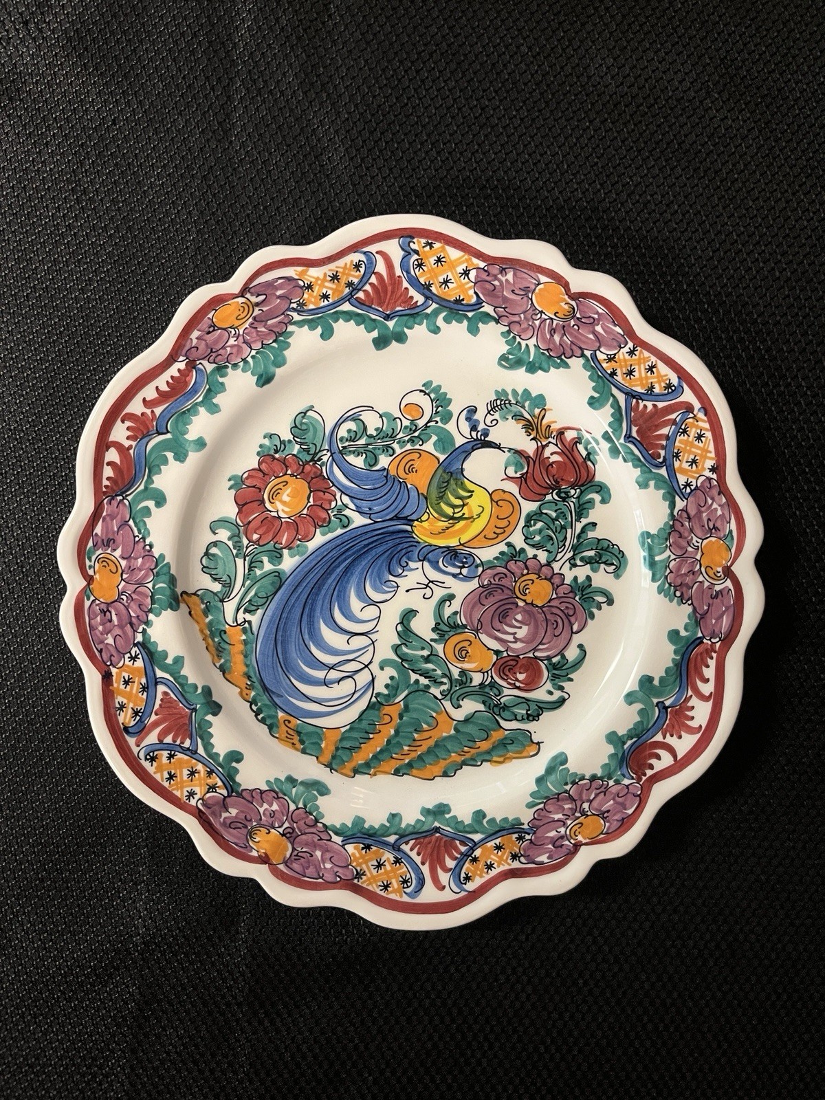 VTG 70 Skyros Greece HandPainted Peacock Scalloped Ceramic Plate Signed 10.25”