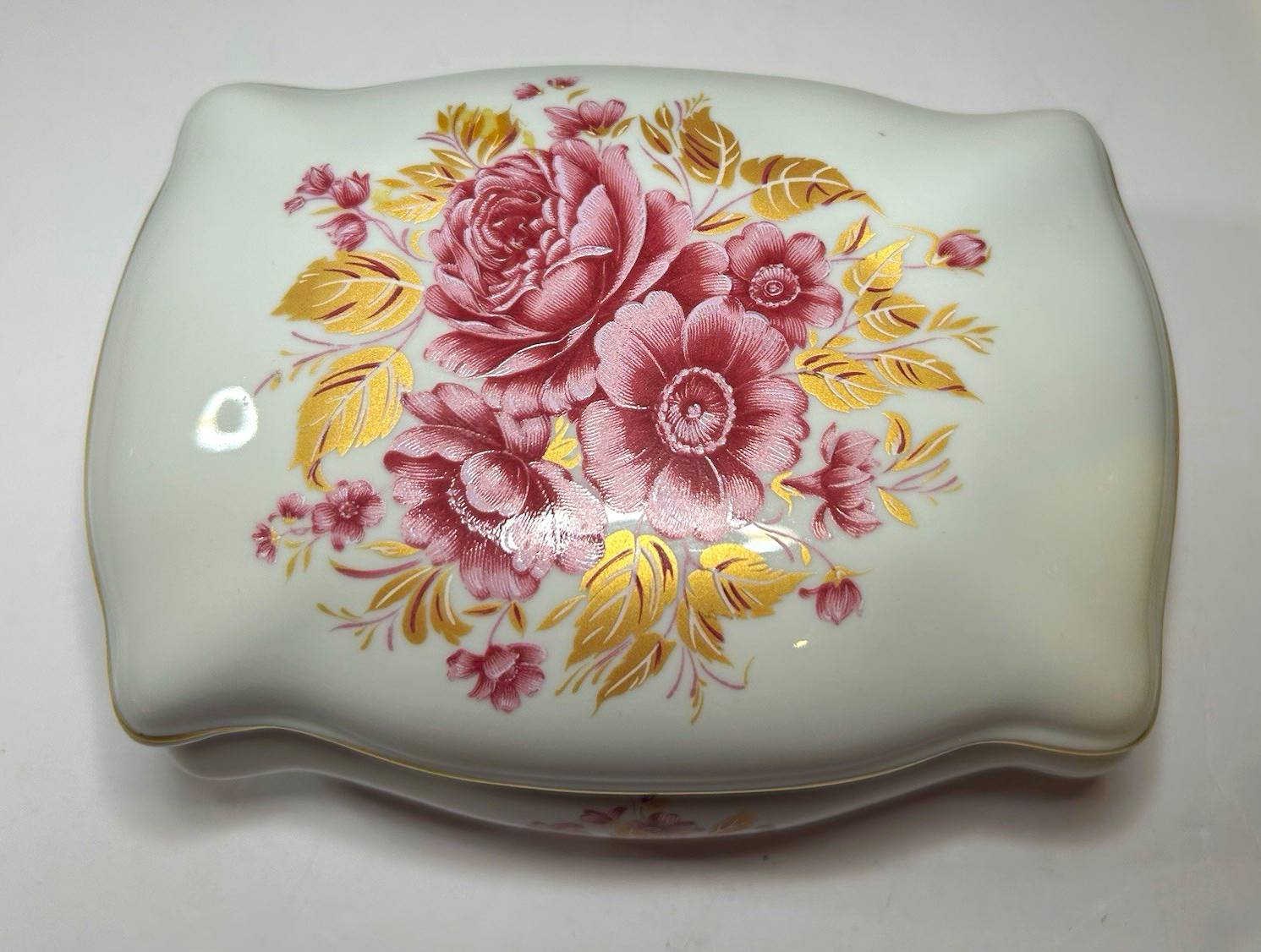 Limoges France Porcelain Pink Floral Trinket Box w/ Lid, Gold Trim-Vintage