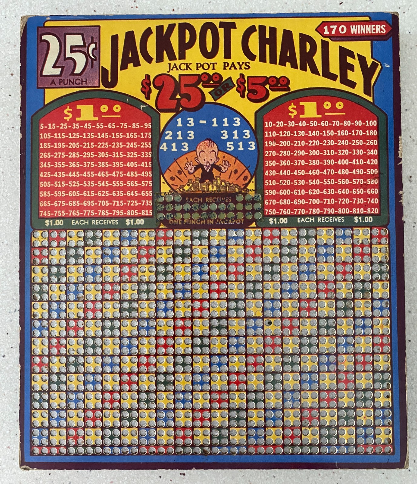 Vintage Jackpot Charley Punchboard Gambling Board 25c Punch Counter Advertising
