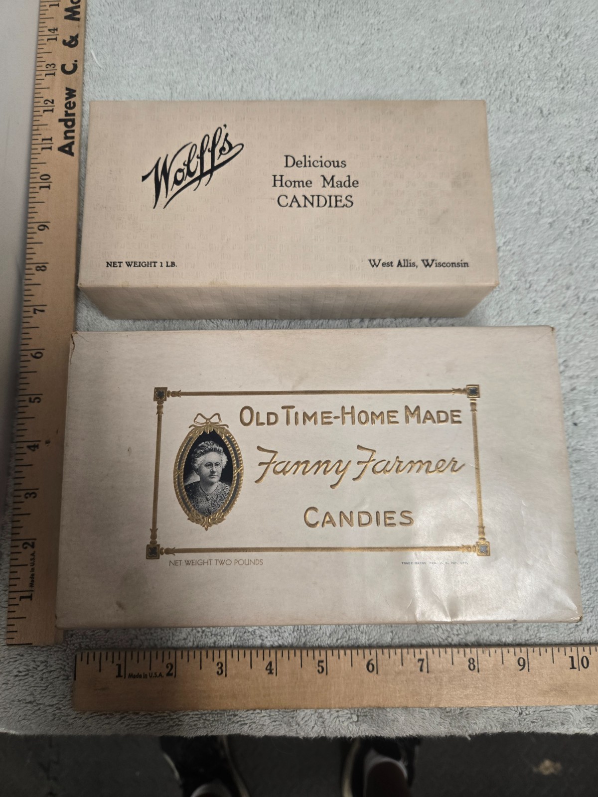 vintage lot of 2, empty candy boxes, undated, fanny farm & wolff\'s
