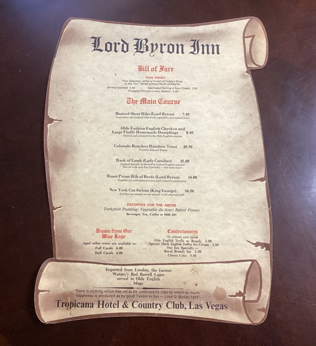 Vintage Las Vegas Restaurant Menu Lord Byron Inn Tropicanna Hotel & Club 1970\'s 