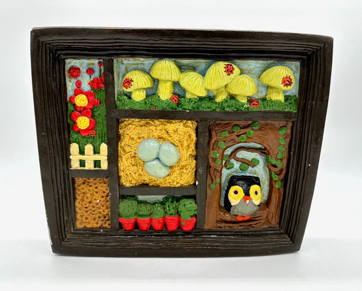 VTG 70s Decor Mushrooms Flowers Owl Wall Signed Hanging Decor Chalkware - 1973