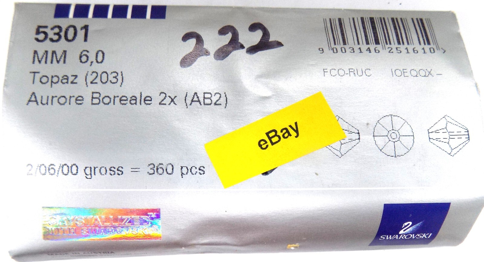 Genuine SWAROVSKI  360 Pc\'s 6mm 5301 Bicone Topaz AB 2X Factory Pack