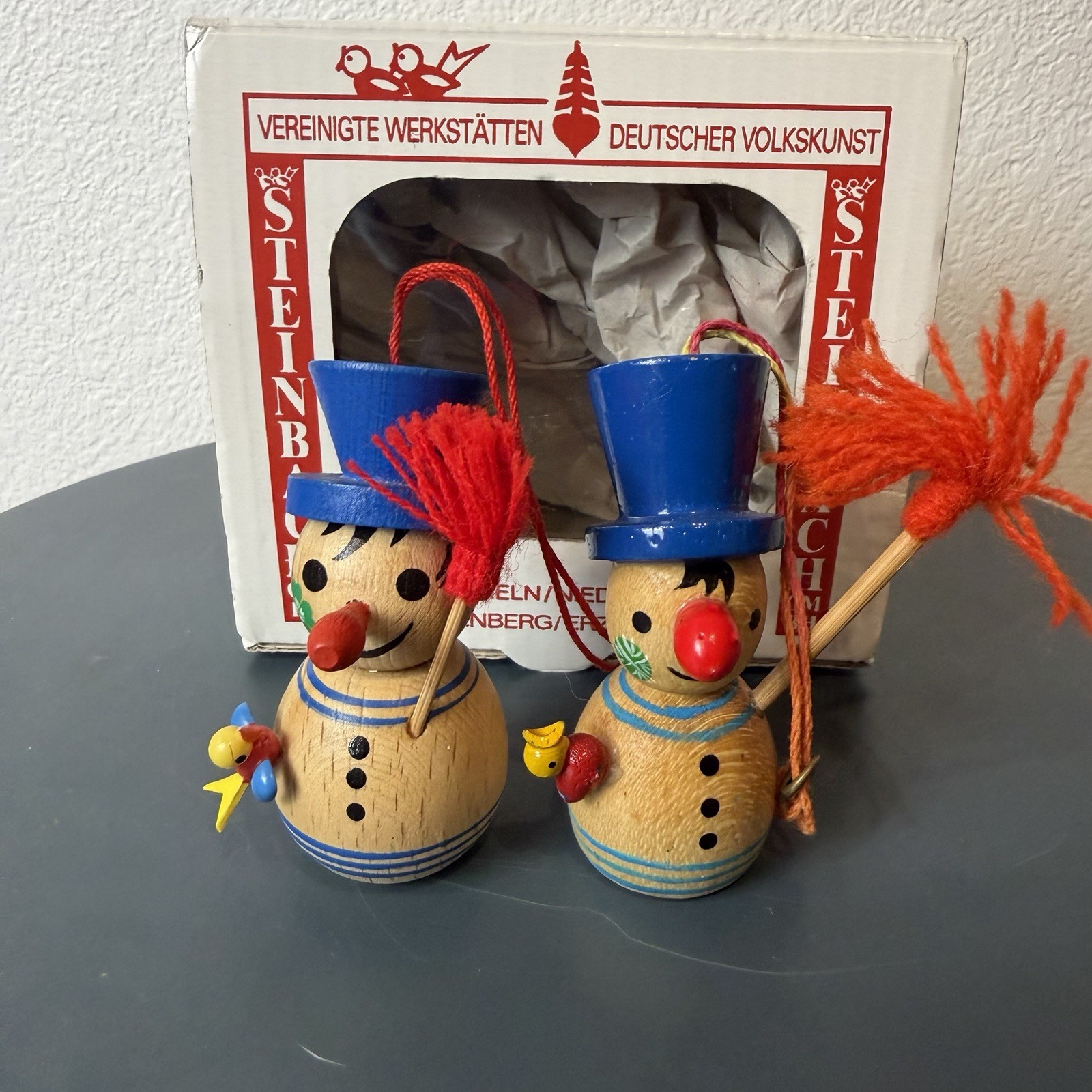 Two Steinbach Snowman Ornaments - Twin Brothers Natural Wood Erzgebirge