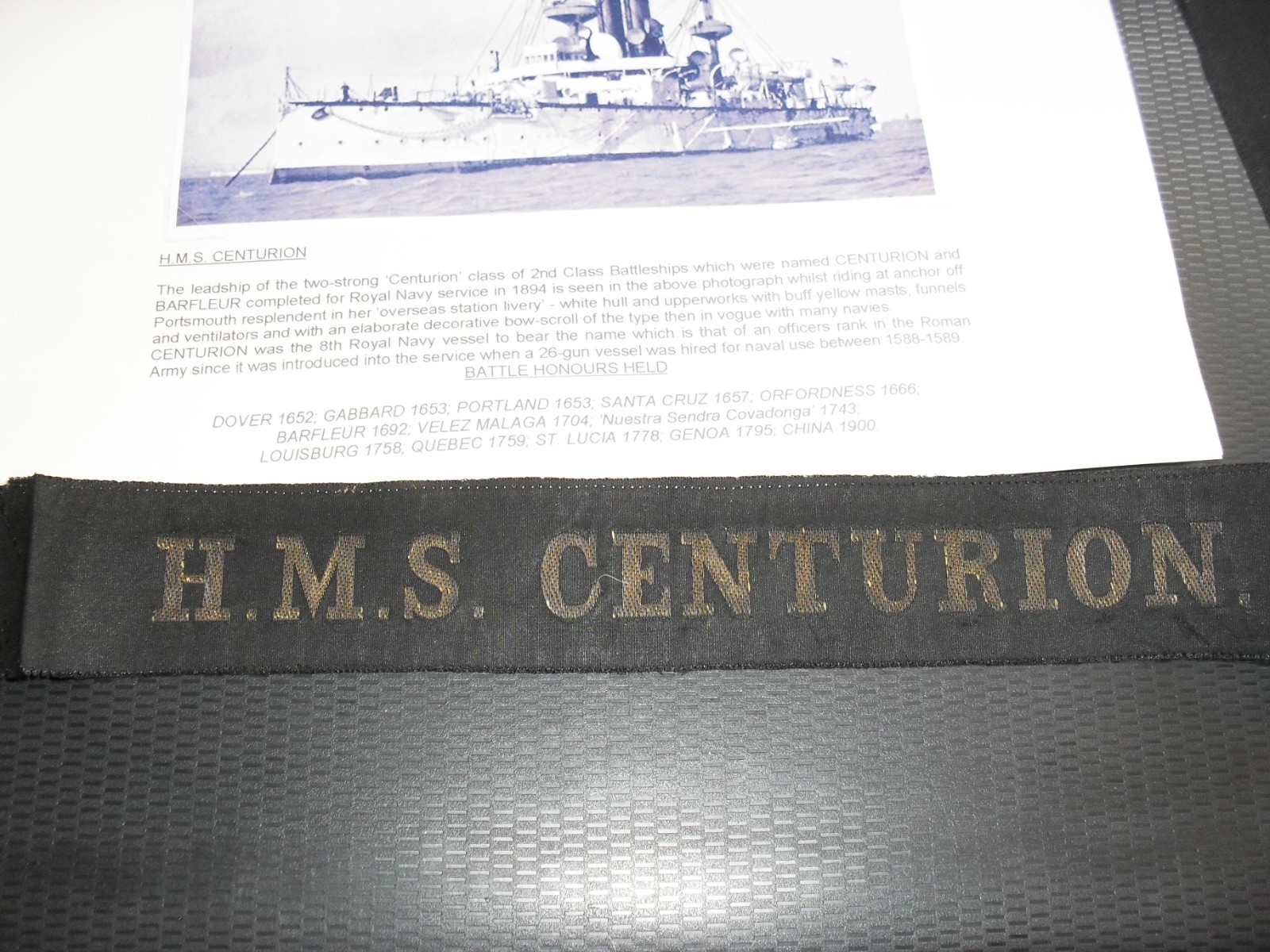 Cap Tally H.M.S. CENTURION (dot) Pre-WW 1  Royal Navy Battleship.
