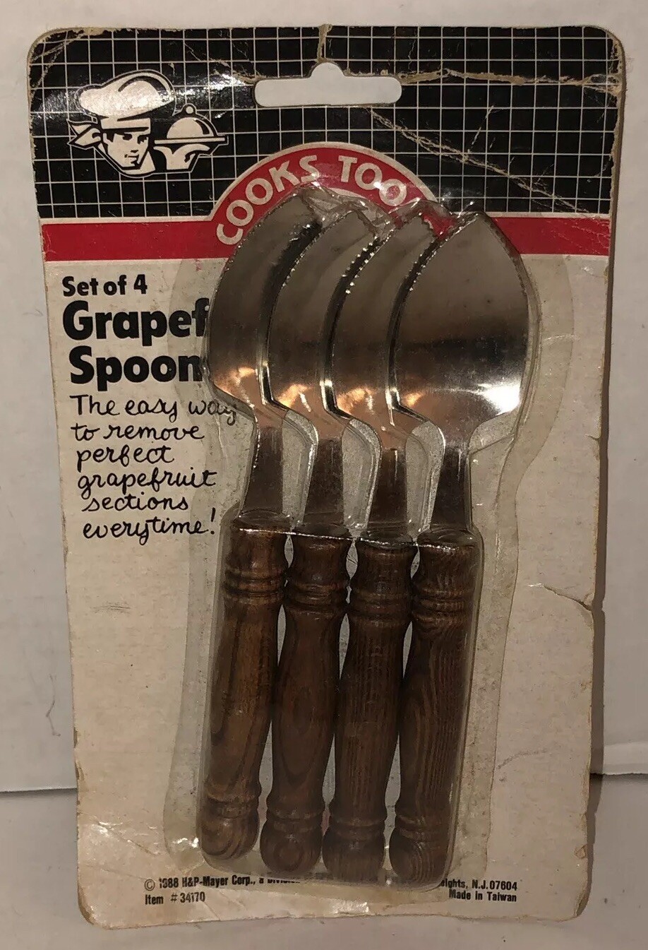VTG NOS 80s GRAPEFRUIT SPOONS Set Of 4 Wooden Handles 1988 H&P Mayer Cooks Tools