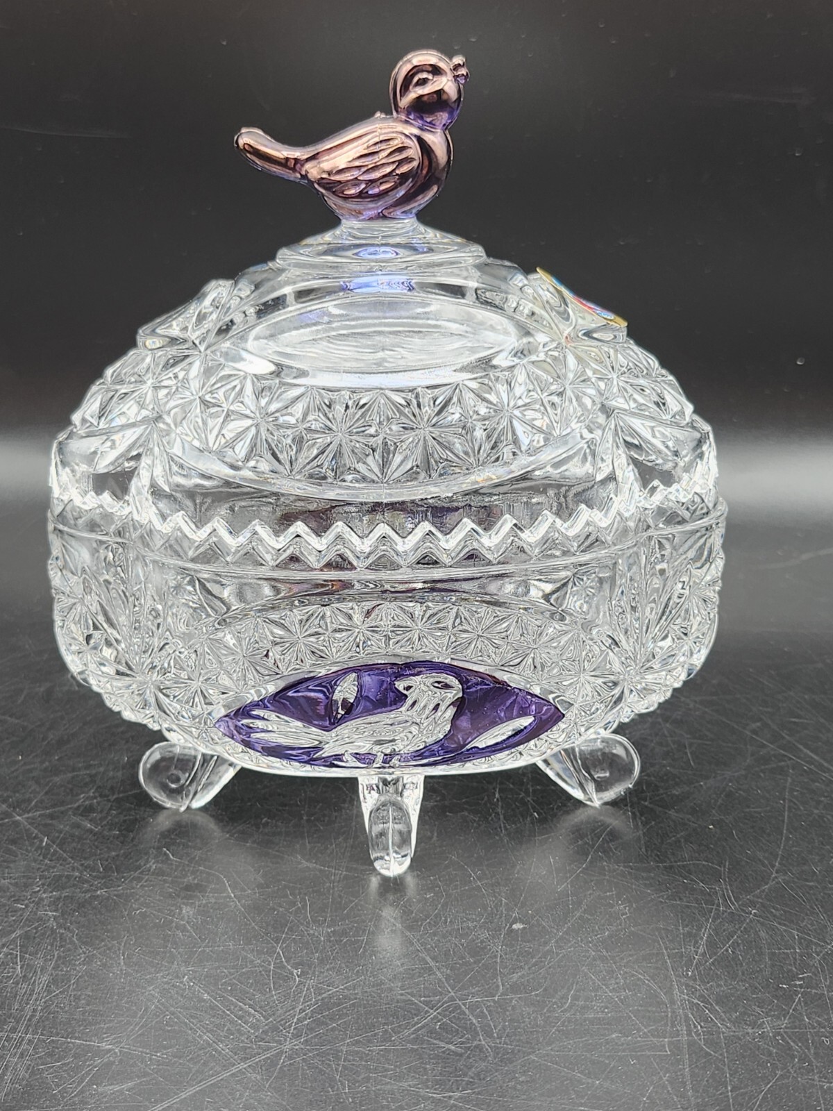 RARE Purple Hofbaur Bird Crystal Pedestal Candy Dish W/ Lid