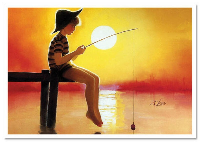 Lovely children-flowers of life Boy little fisherman KIDS NEW modern Postcard