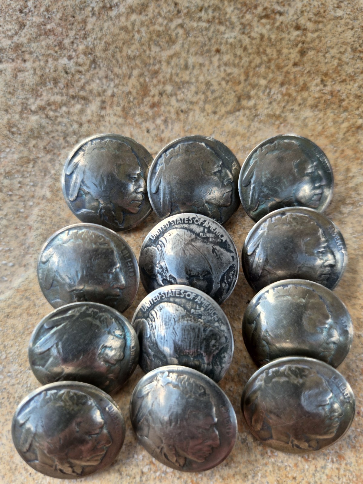 VINTAGE ANTIQUE BUFFALO NICKEL BUTTONS LOT OF 12 IN GOOD CONDITION