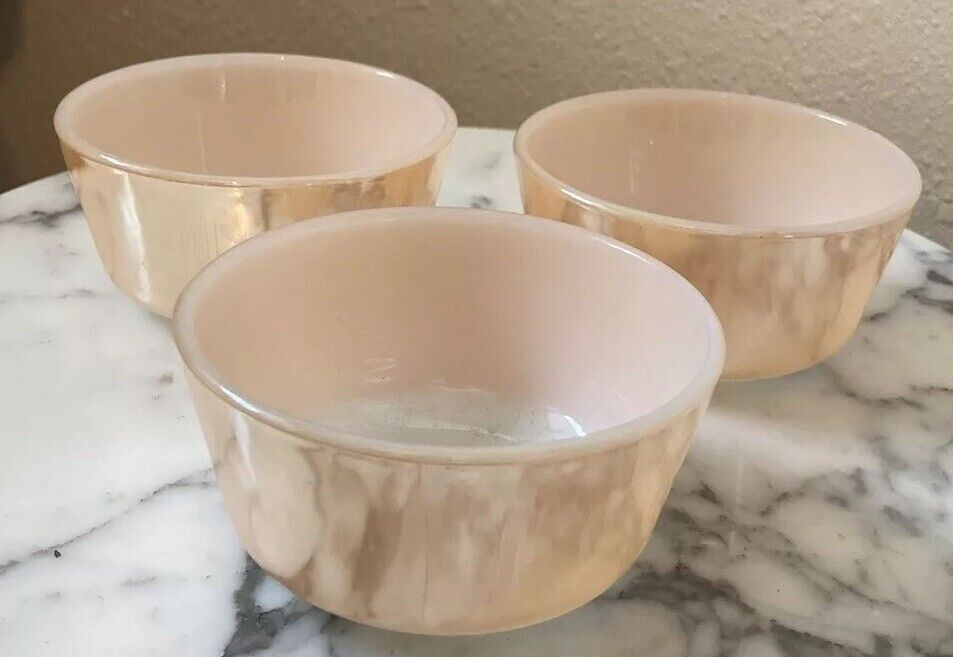 3 vintage peach lusterware Fire-King custard cups dishes