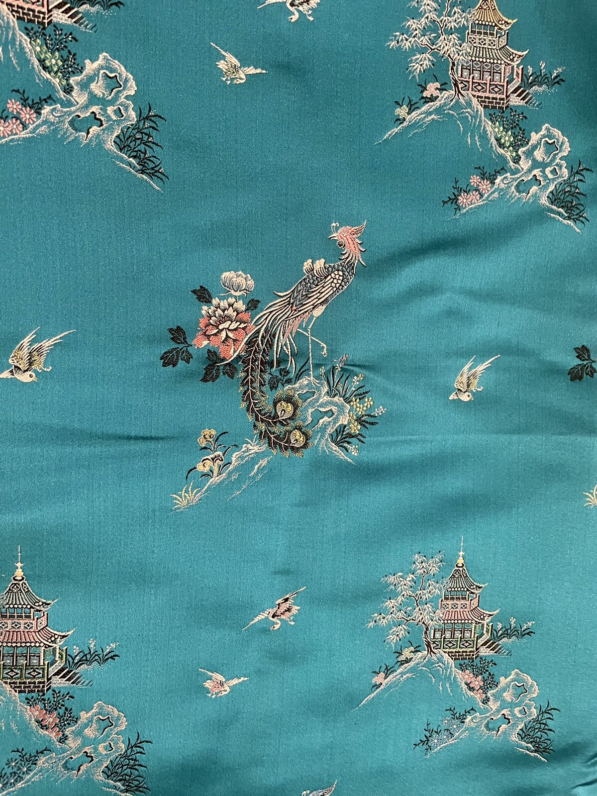 Vintage Fou Wah Silk Fabric Remnant Pure Silk 30x62 In. Turquoise Blue Hong Kong