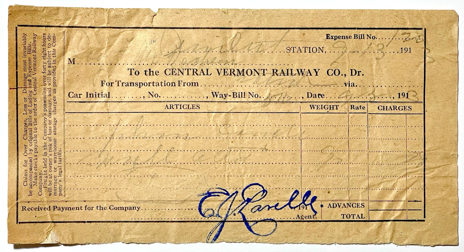 1913 CENTRAL VERMONT RAILWAY COMPANY FREIGHT TRANSPORTATION RECEIPT
