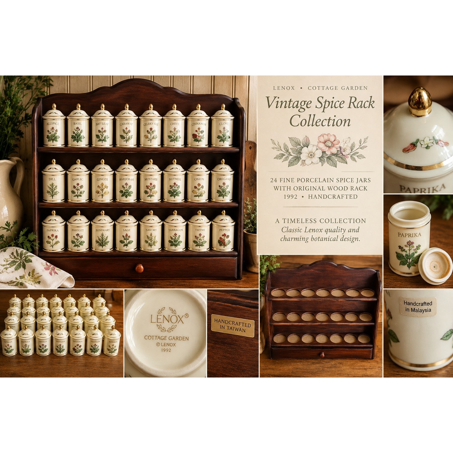 Vintage 1992 Lenox Spice Garden Complete 24 Porcelain Jars & Wood Rack