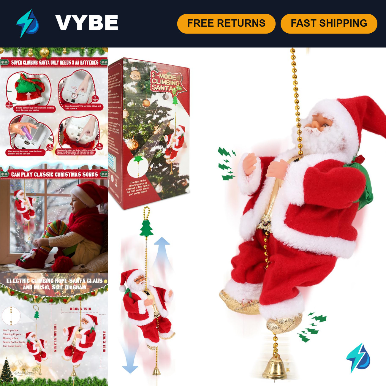 3-Mode Climbing Santa on Rope - Animated Musical Christmas Decoration, Holiday F 3-Mode Climbing Santa on Rope - Animated Musical Christmas Decoration, Holiday F