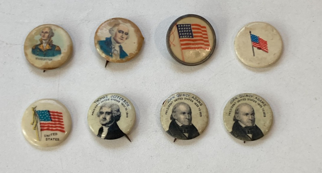 8 Historical Pins US Flag (3) & 5 Presidents, Washington, Jefferson, JQ Adams