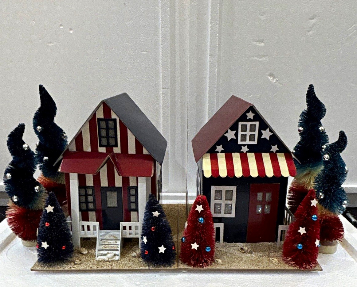 Pier 1 cardboard Village Houses Set of 2 w/ 4 pier one Brush Trees